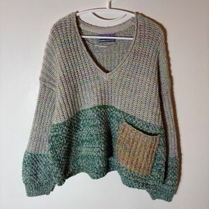 Kimchi Blue Space Station Cream Green Chunky V-Neck Sweater Size Medium‎